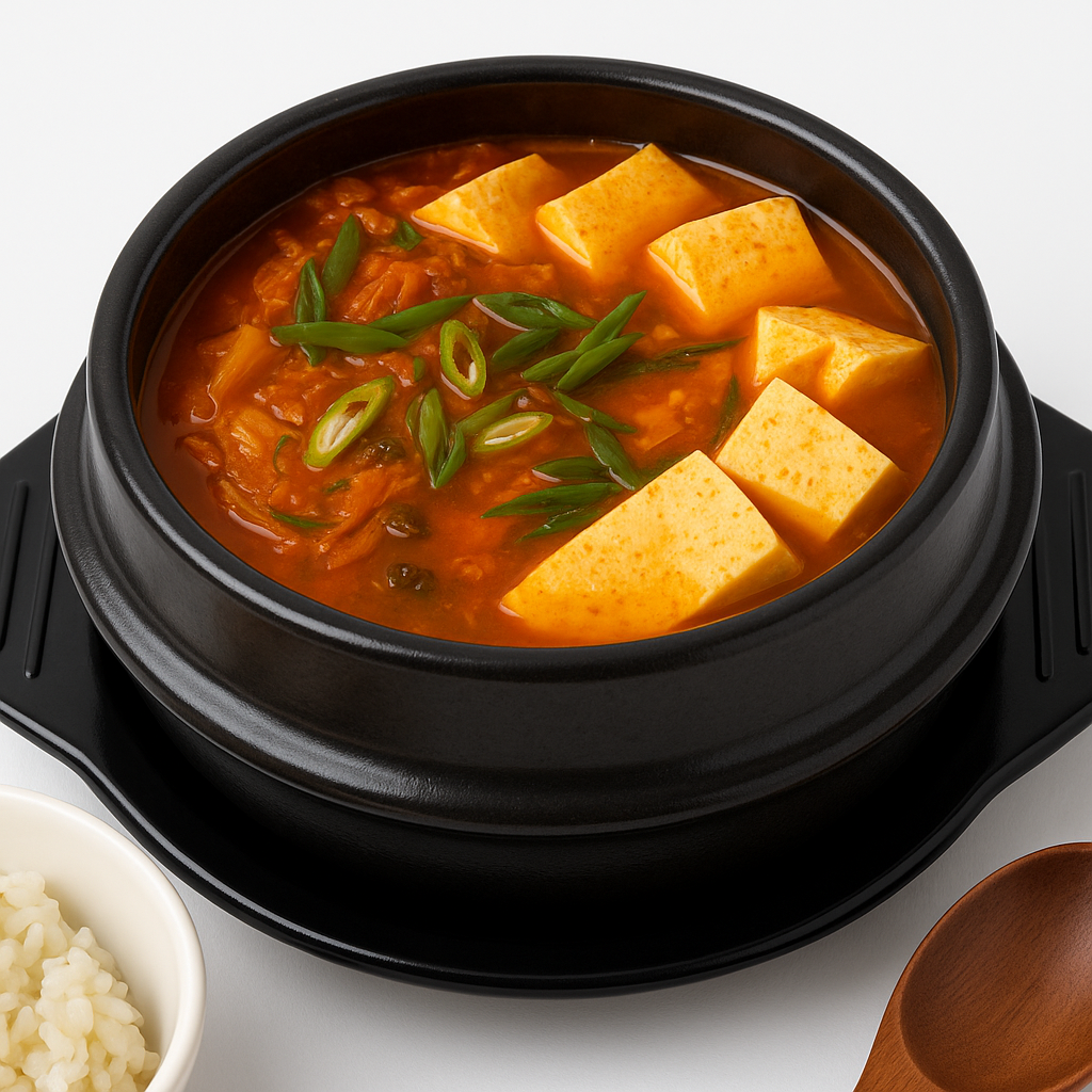 Kimchi jjigae, kimchi stew, served in a traditional earthenware pot at Cana Korean Restaurant