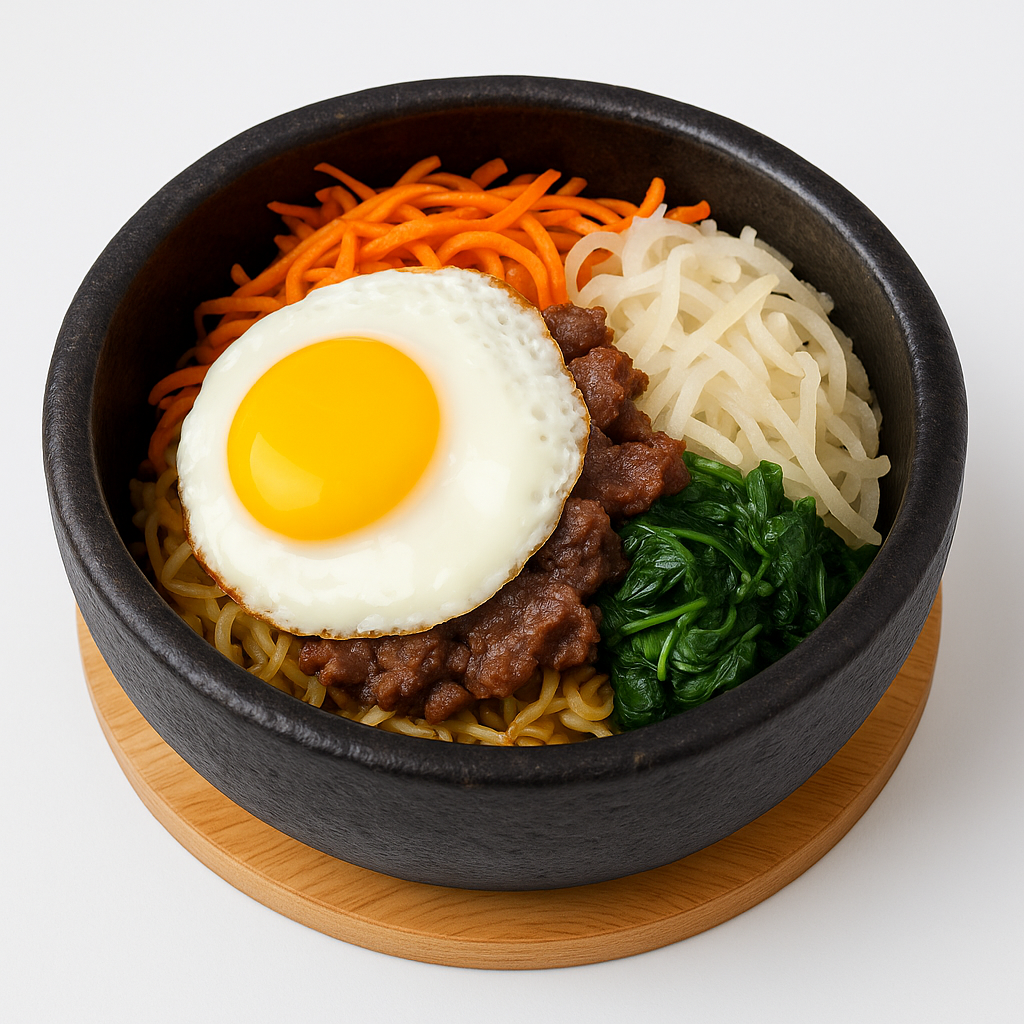 Traditional bibimbap, a Korean rice bowl, served in a traditional earthenware pot and topped with a runny egg at Cana Korean Restaurant