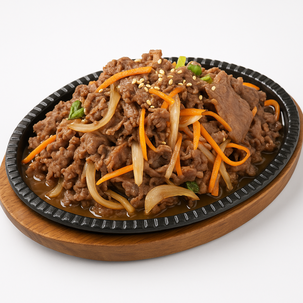 Marinated beef bulgogi served on a hot skillet at Cana Korean Restaurant