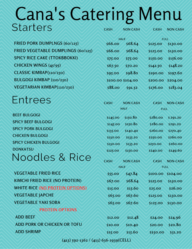 An image of the catering menu available at Cana Korean Restaurant