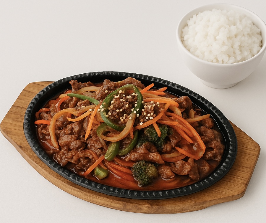 Marinated spicy beef bulgogi served on a hot skillet at Cana Korean Restaurant