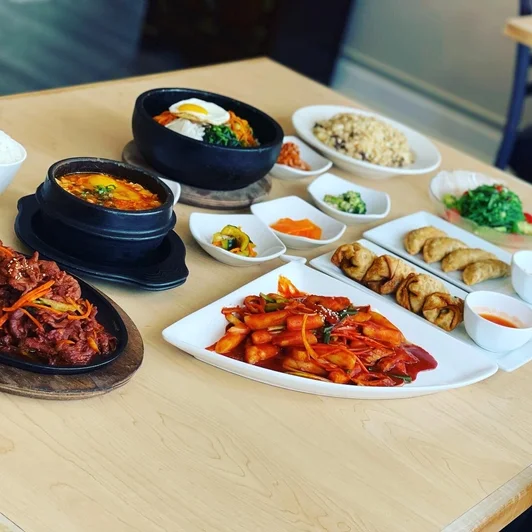 A beautiful and delicious spread of Korean dishes and banchan at Cana Korean Restaurant