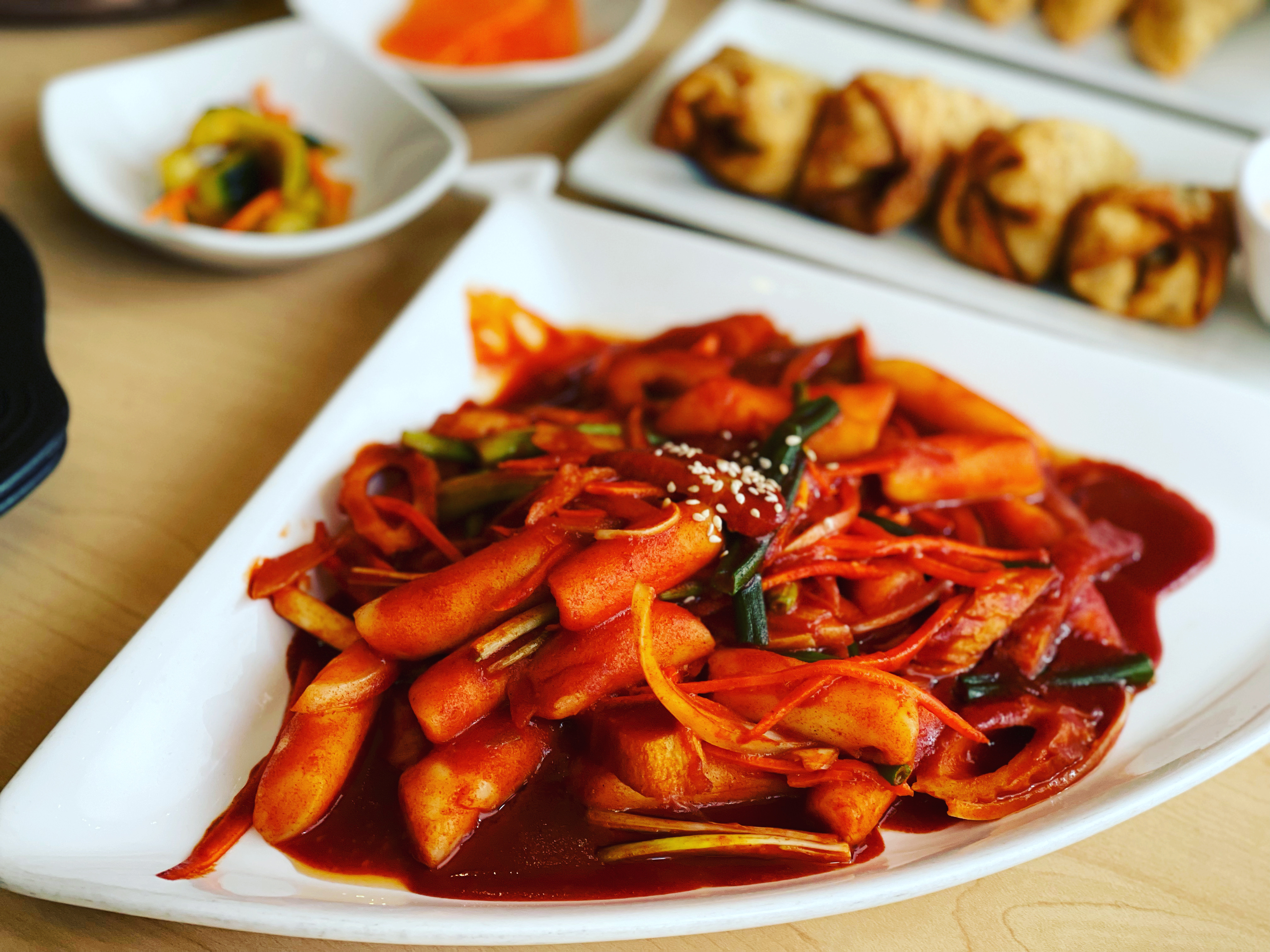Traditional tteok-bokki, spicy korean ricecake, served in a savory and spicy sauce at Cana Korean Restaurant