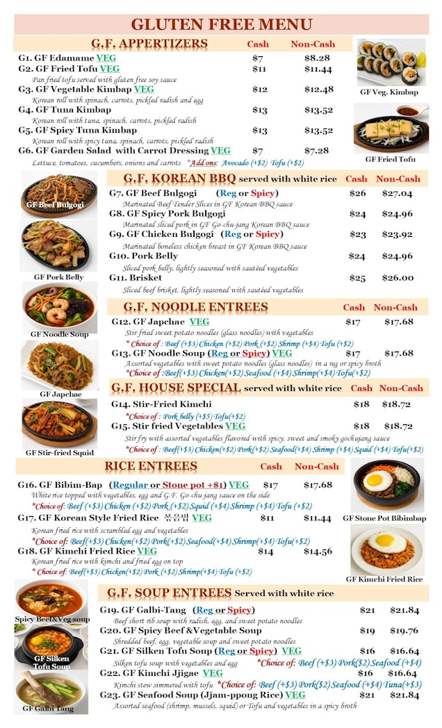 An image of the gluten-free menu at Cana Korean Restaurant
