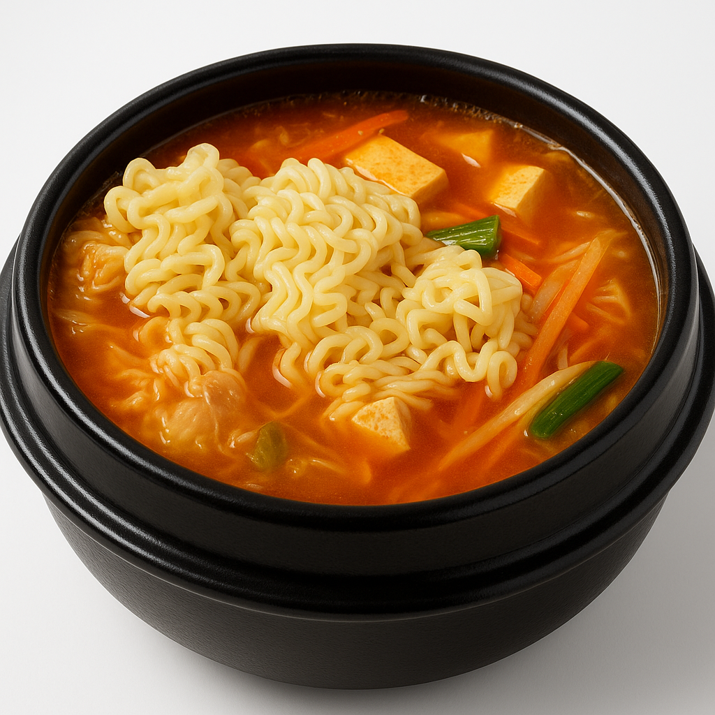Budae jjigae, army stew, served in a traditional earthenware pot at Cana Korean Restaurant