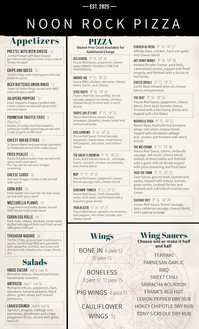 First page of Noon Rock Pizza's menu