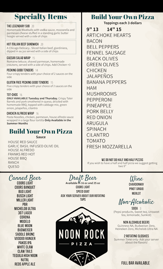 Second page of Noon Rock Pizza's menu